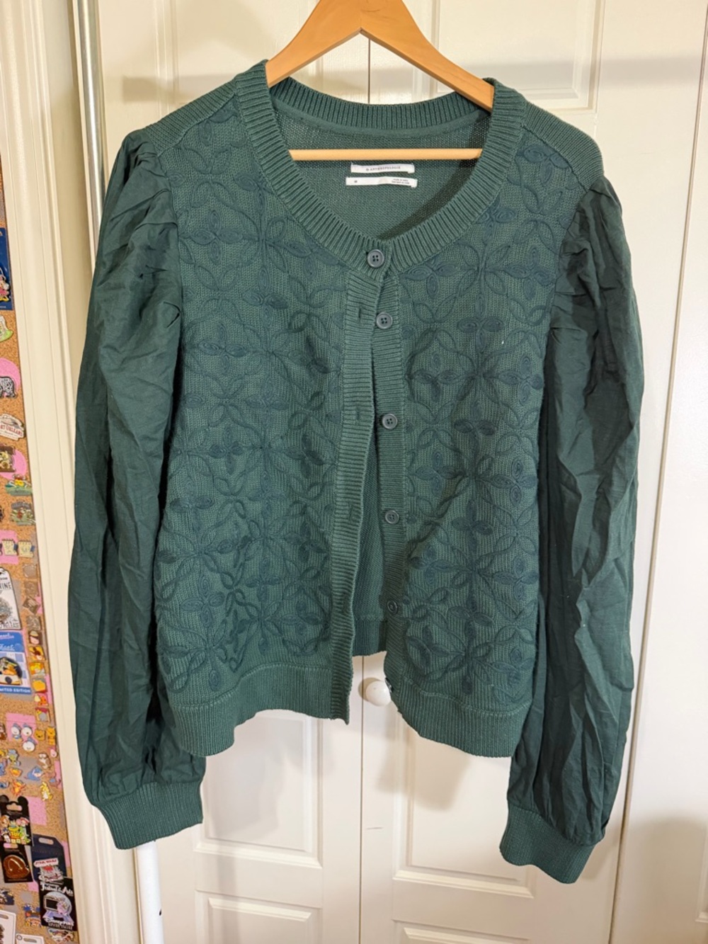 Anthropologie Forest Green embroidered Button-Front Cardigan